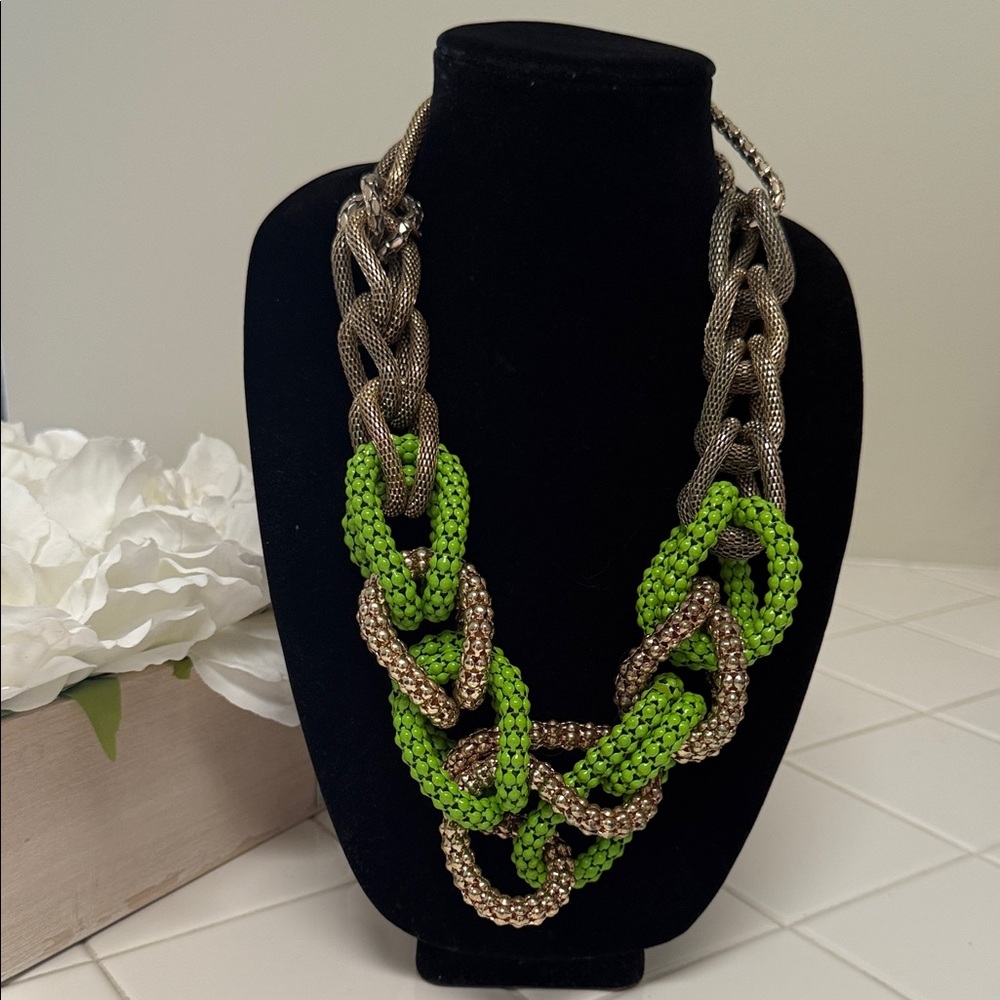 Elegant Handmade Chunky Beaded Chain Link Statement Necklace Lime Green & Gold